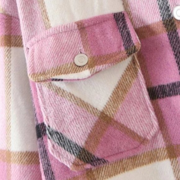 Casual Plaid Flap Pocket detailed button down pink Overshirt - Picture 14 of 16
